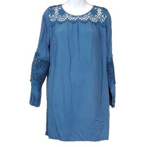 LESHOP Womens BOHO Mini‎ Dress Medium Blue Crochet Long Sleeve Festival